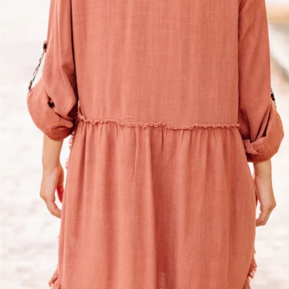 Umgee Linen Blend Animal Print Button Front Tunic Dress Pocket Canyon Clay Small - Picture 2 of 11